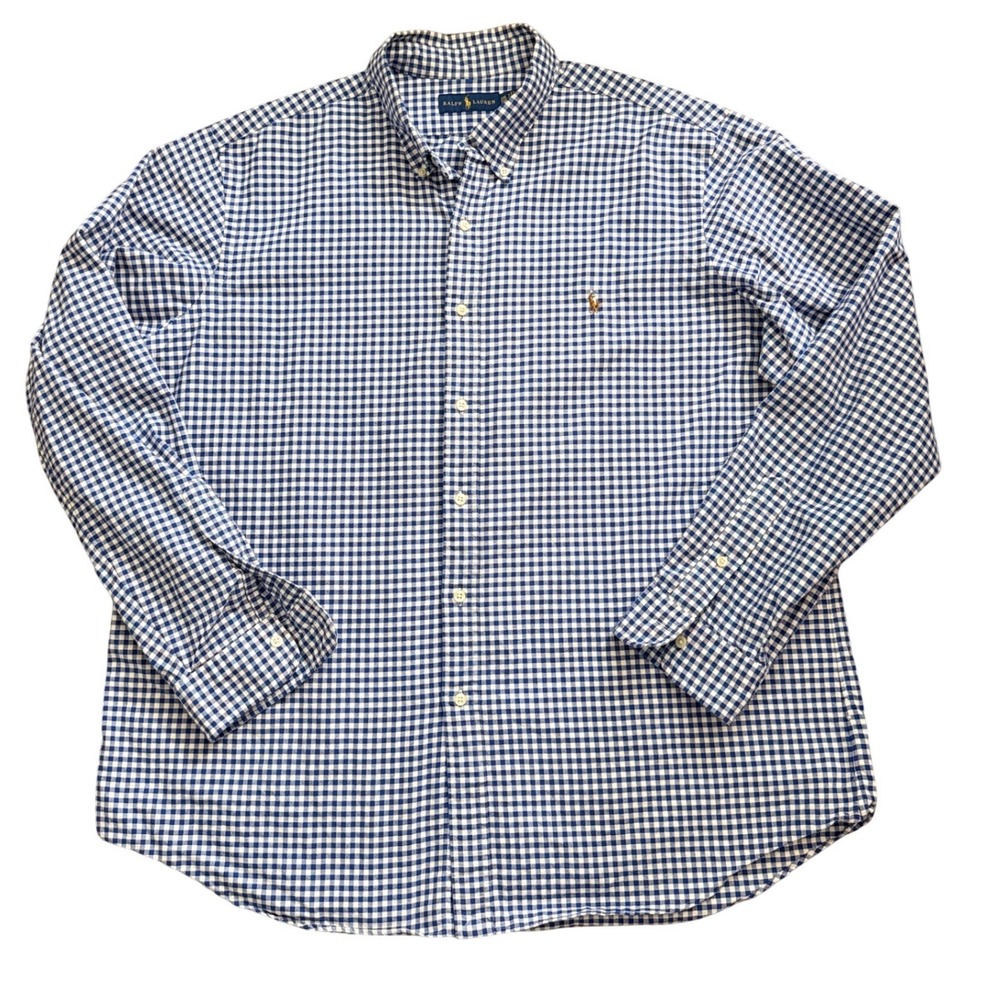 Ralph Lauren Mens XXL Blue White Gingham‎ Check Button Down Shirt Long Slv GG33